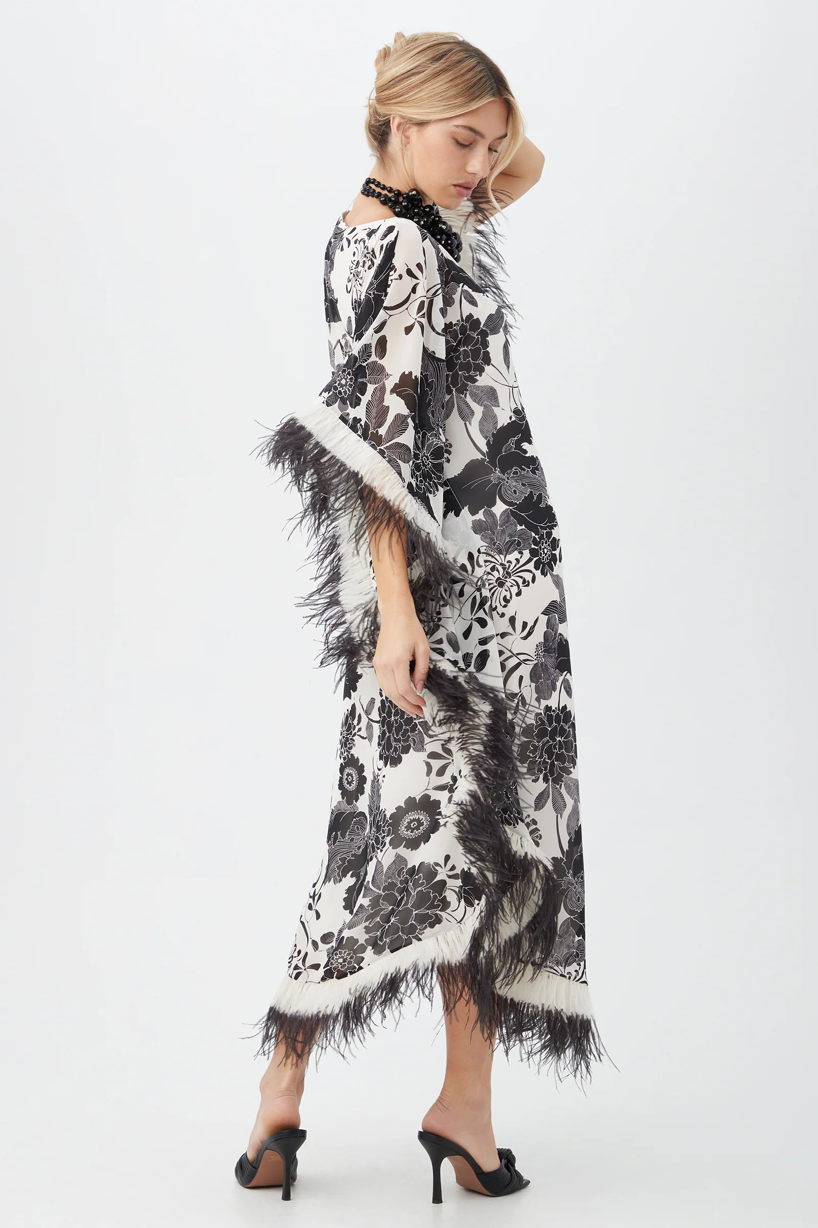 Neena Black and White Furusato Floral Maxi Caftan Dress With Feather Trim - Image 3