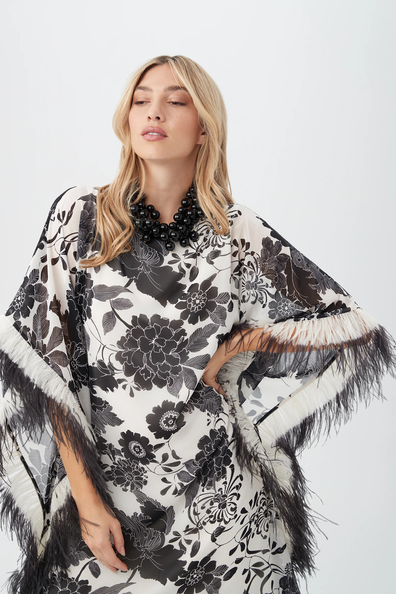 Neena Black and White Furusato Floral Maxi Caftan Dress With Feather Trim - Image 4