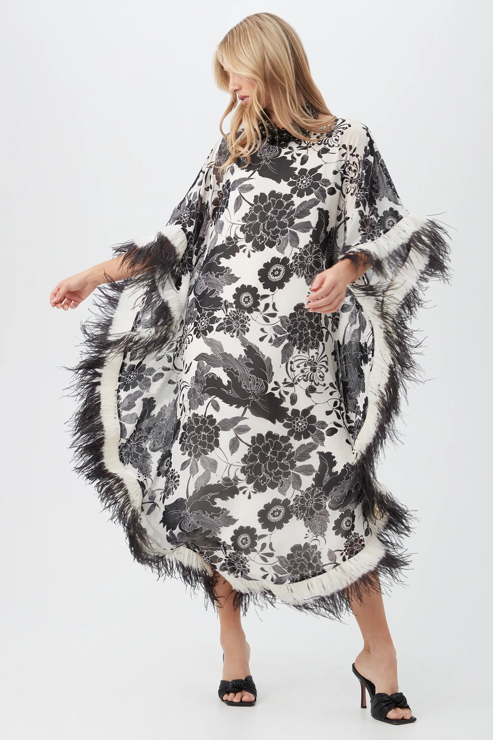 Neena Black and White Furusato Floral Maxi Caftan Dress With Feather Trim - Image 5