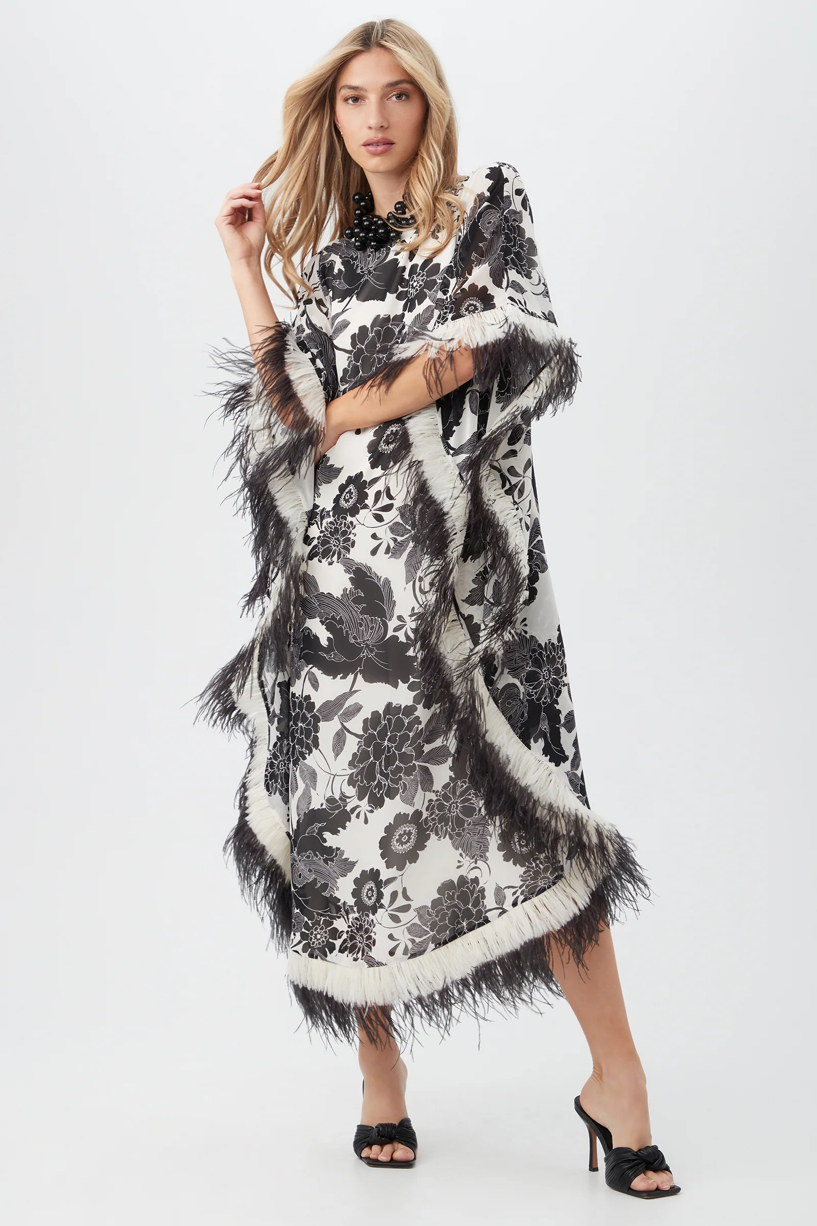 Neena Black and White Furusato Floral Maxi Caftan Dress With Feather Trim - Image 6